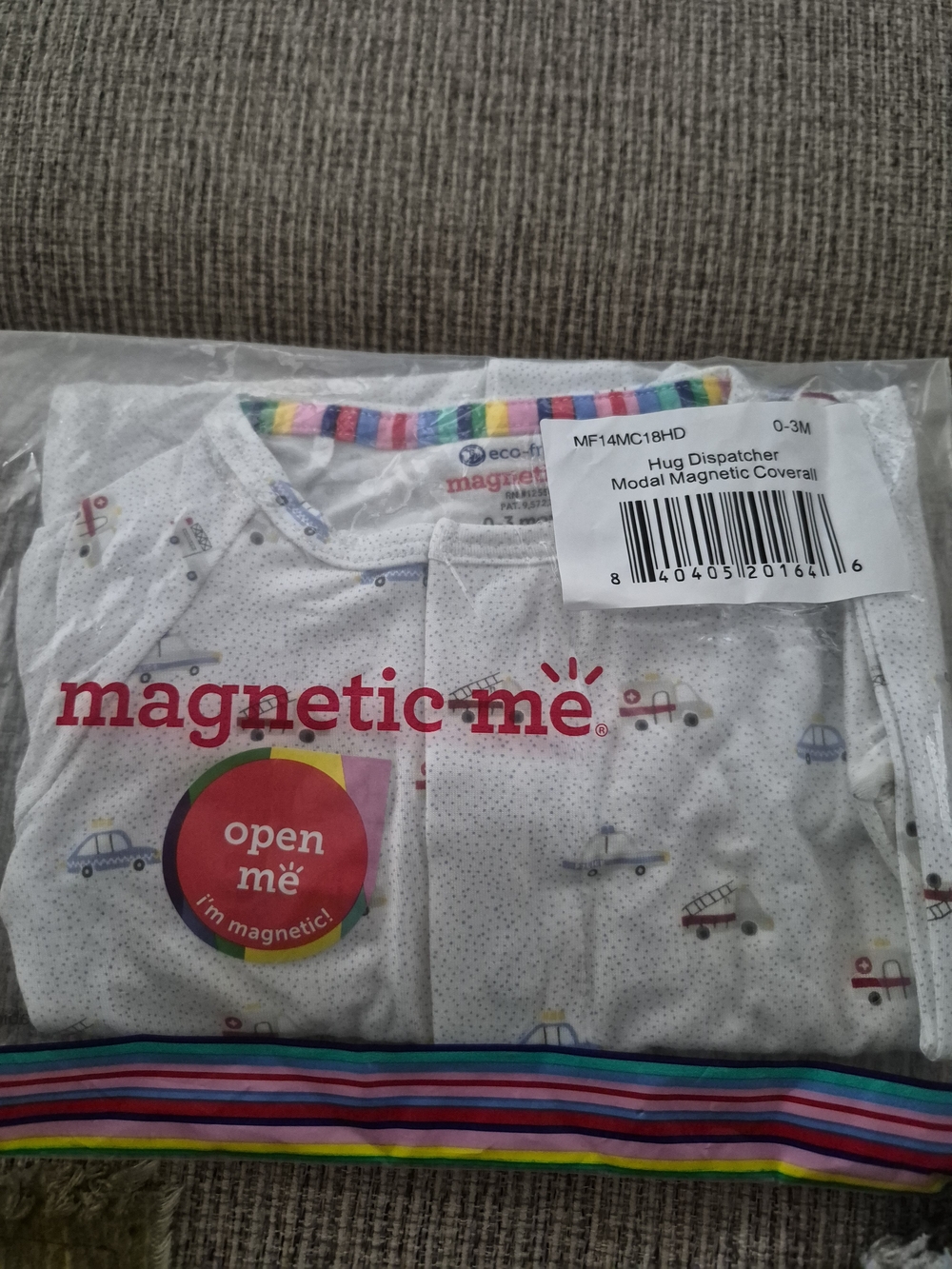 Magnetic Me White Modal Magnetic Coverall with Car Print and Rainbow Trim